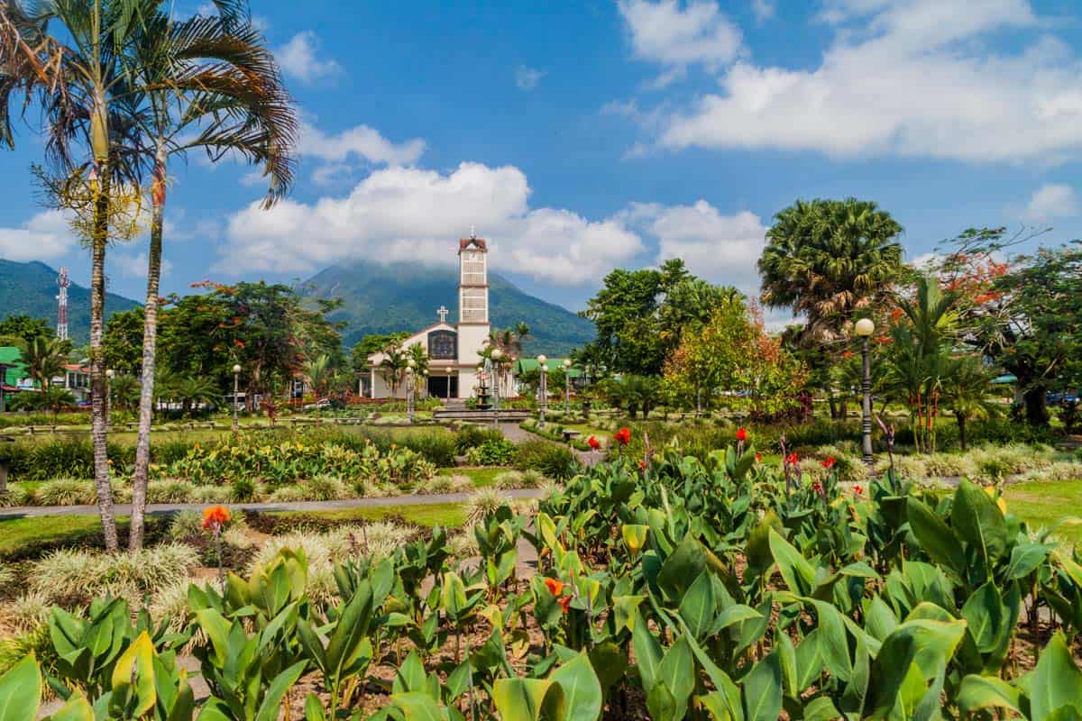 La Fortuna main plaza and church with Arenal Volcano in the background