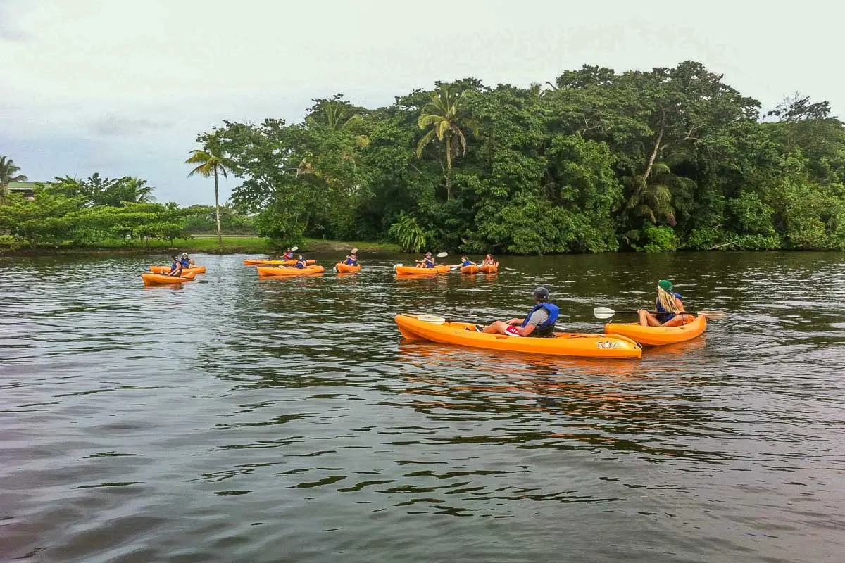 A group of people Kayaking in Tortuguero National Park, Costa Rica
