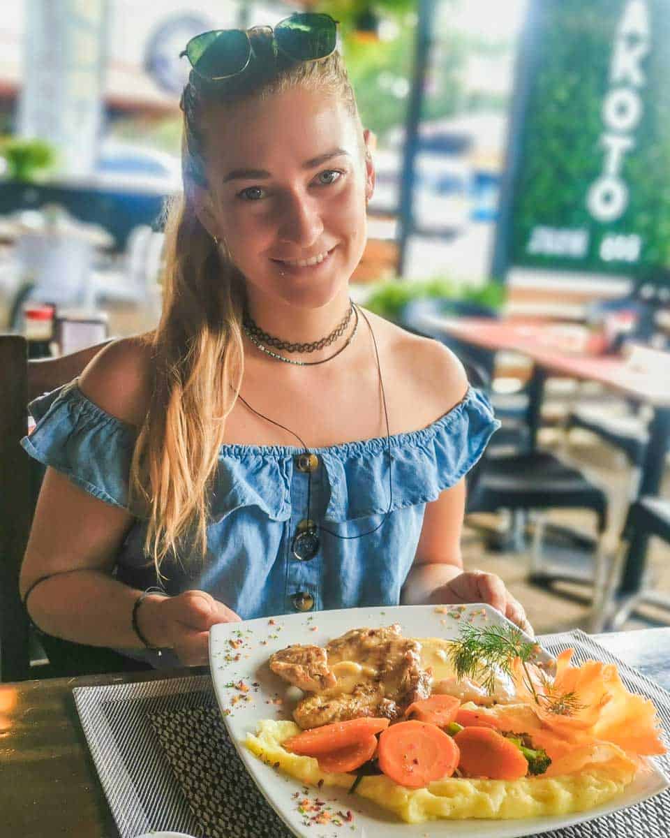 Bailey eating a meal at Restaurante Tierra Mia in La Fortuna, Costa Rica