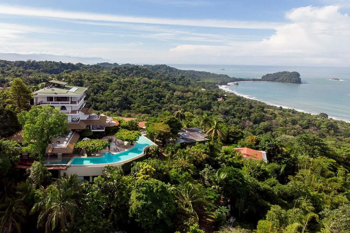 aerial view of Hotel La Mariposa. There is a large pool in the jungle near the ocean