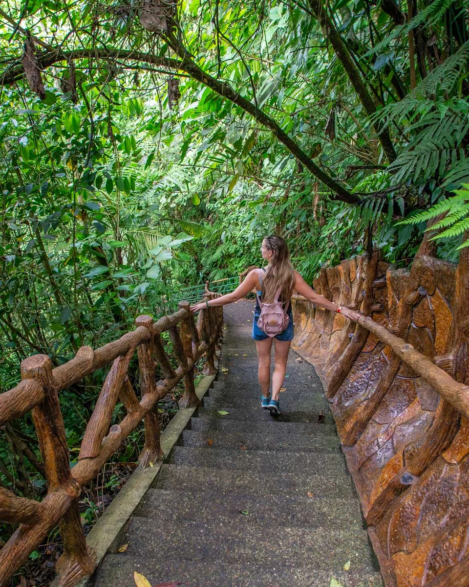 A lady walks down the stairs at La Fortuna Waterfall, Costa Rica