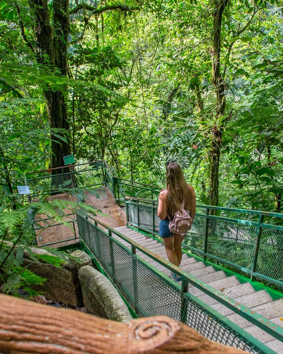 A lady walks down the stairs at La Fortuna Waterfall in Costa Rica