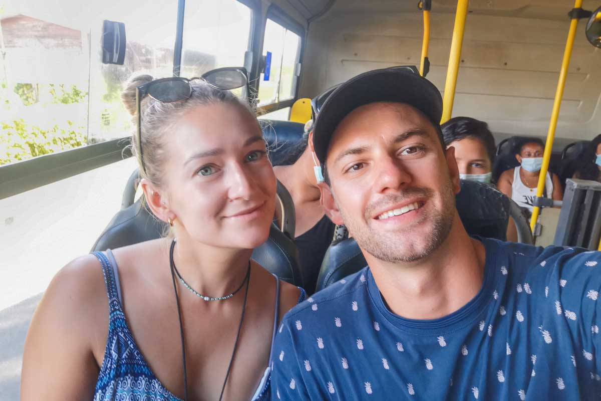 Daniel and Bailey take a selfie on a bus to Puerto Viejo