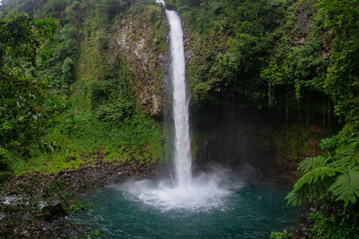 Panorama of La Fortuna Waterfall as seen from the lower viewpoint in Costa Rica