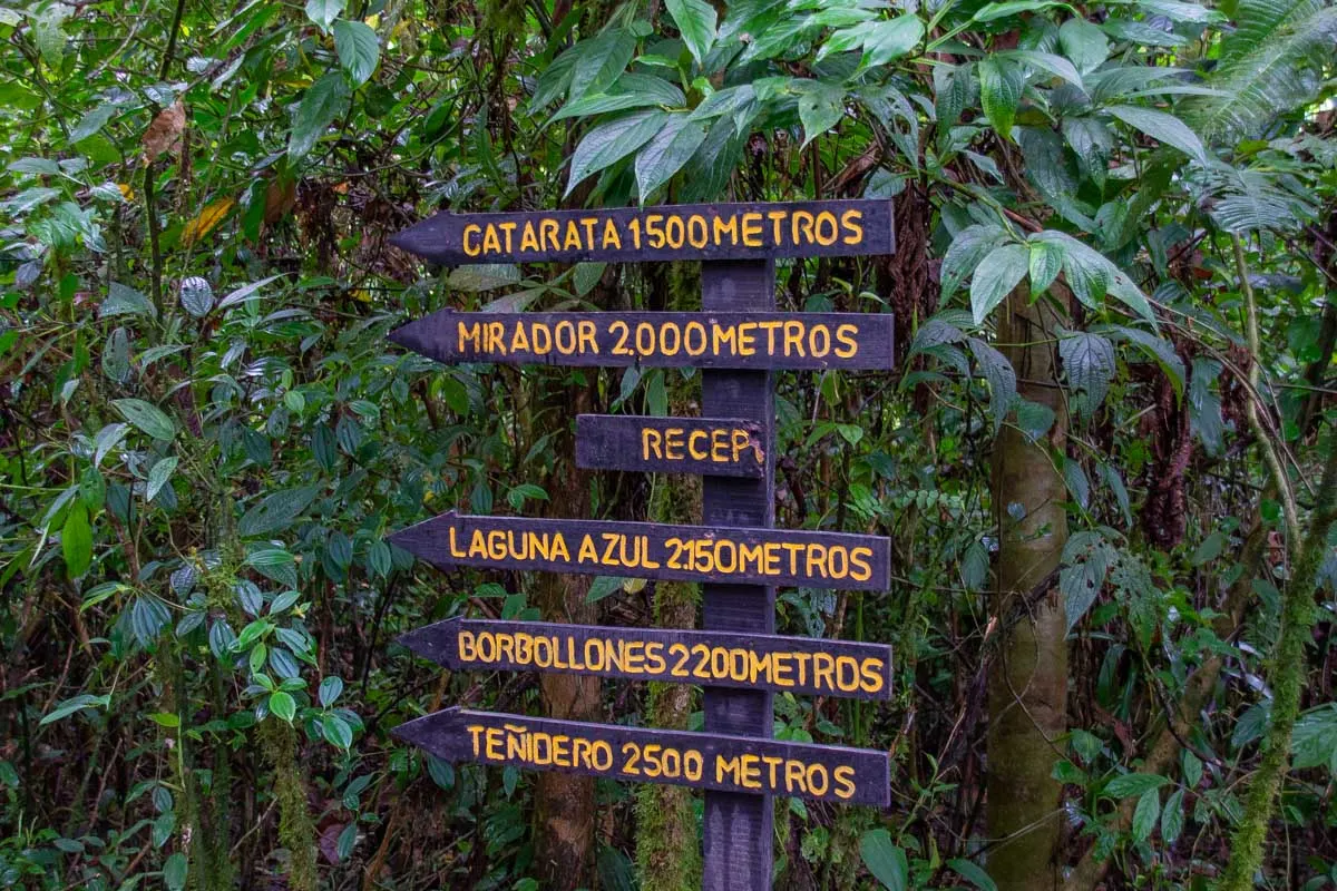 Trail sign at the start of the hike to Rio Celeste, Costa Rica