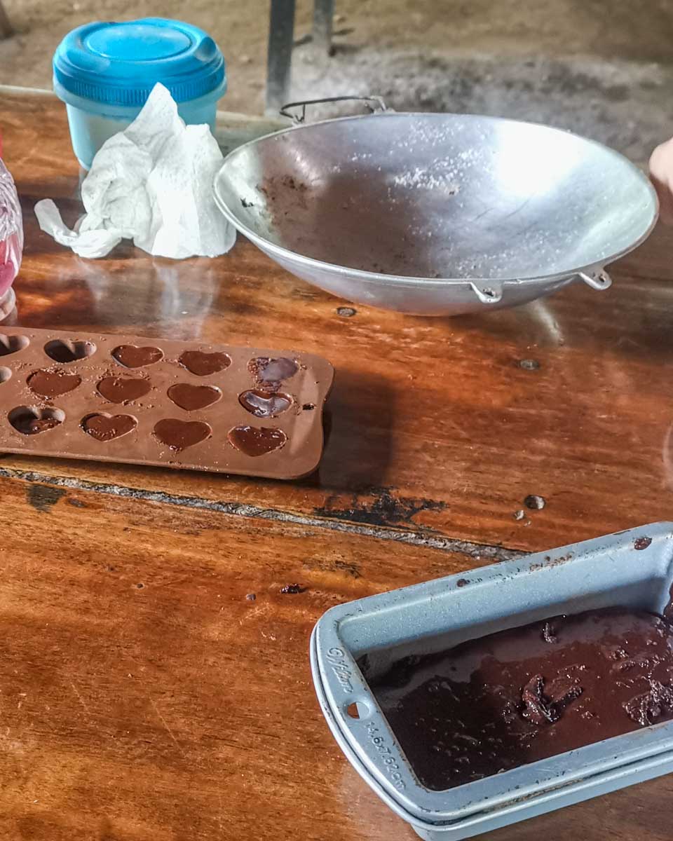 pouring chocolate molds in Puerto Viejo, Costa Rica