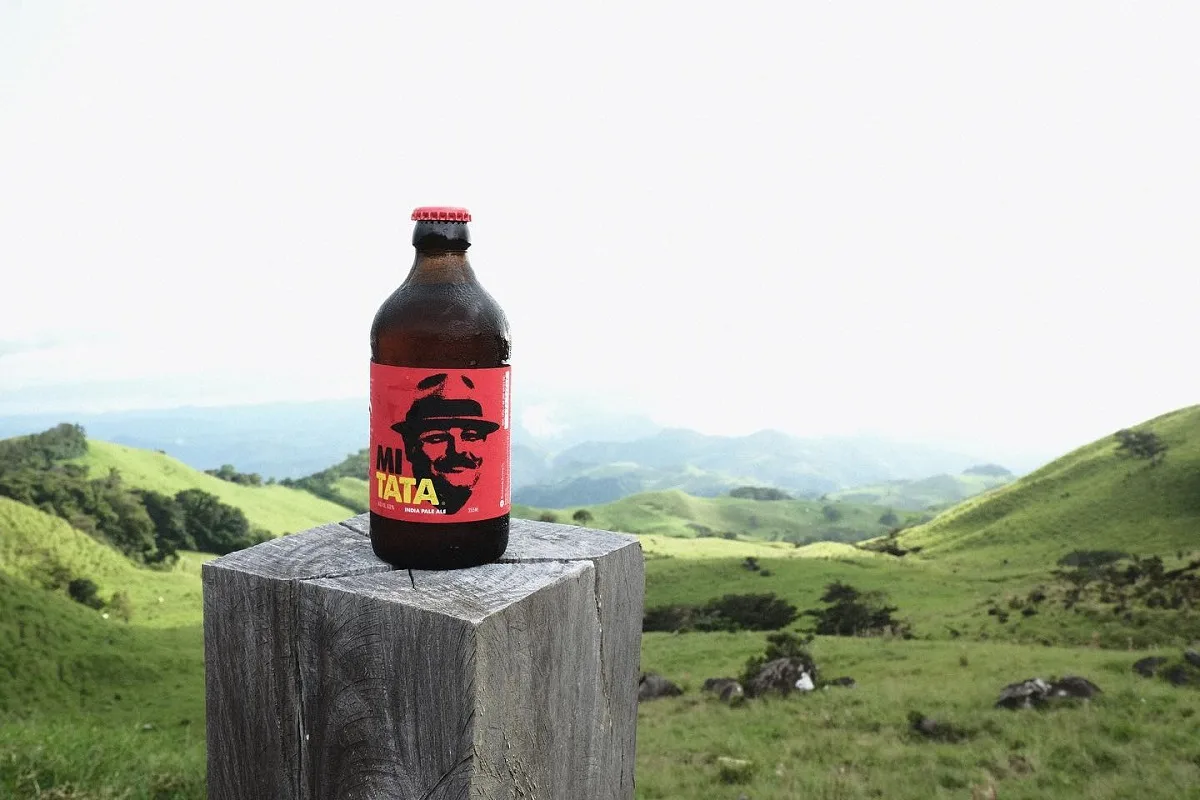 view of a beer at Monteverde Brewing Company with the valley as the background 