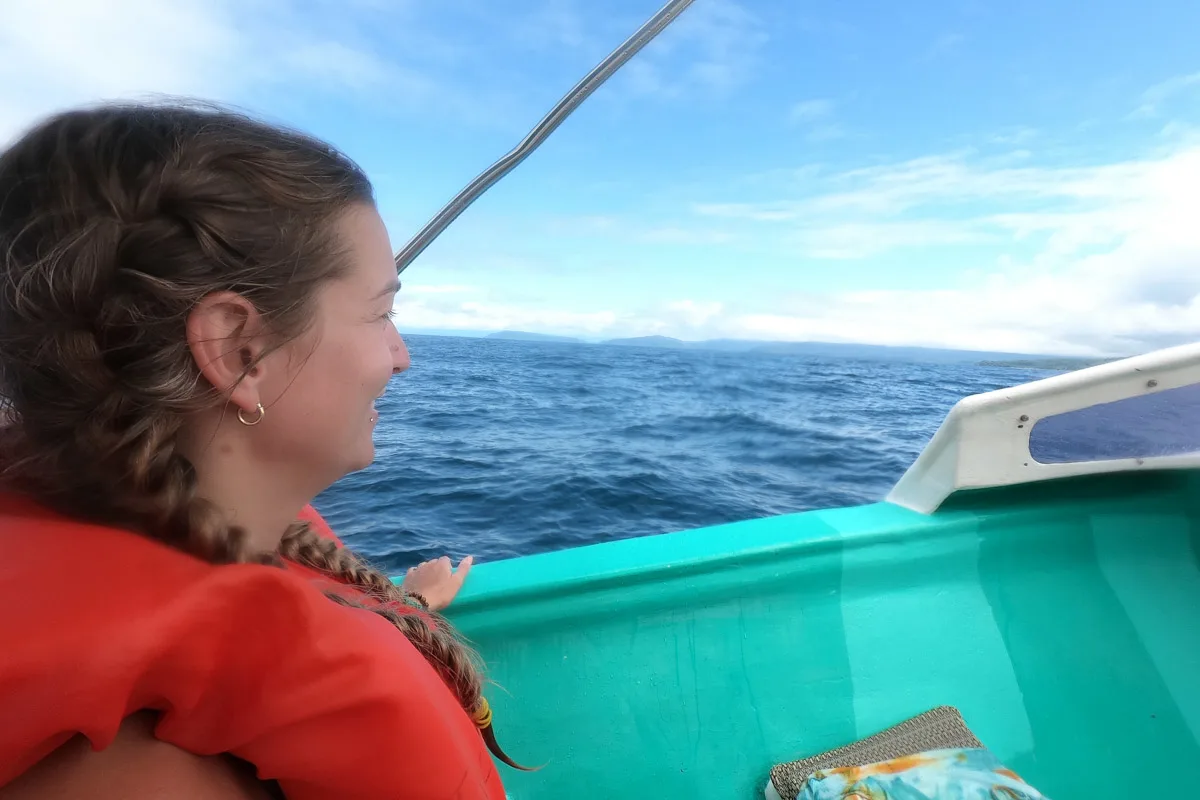 Bailey on the boat over to Cano Island