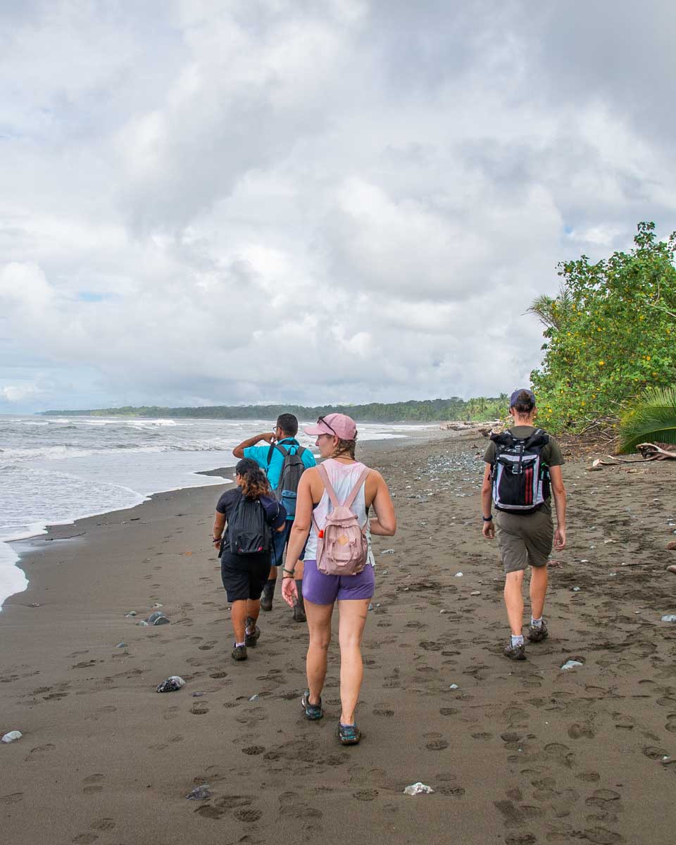 A group of hikers walk along the beach in Corcovado National Park