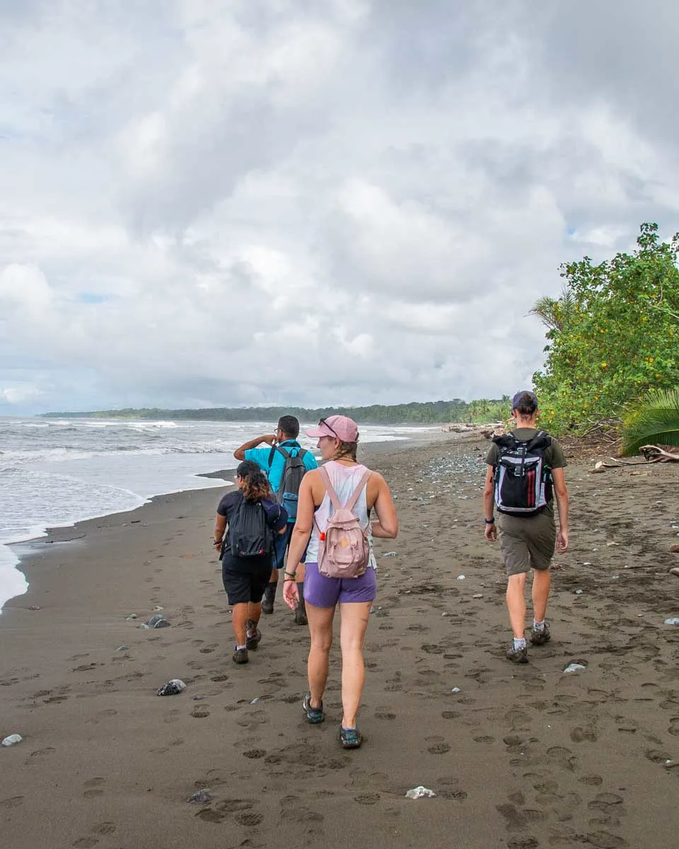 A group of hikers walk along the beach in Corcovado National Park