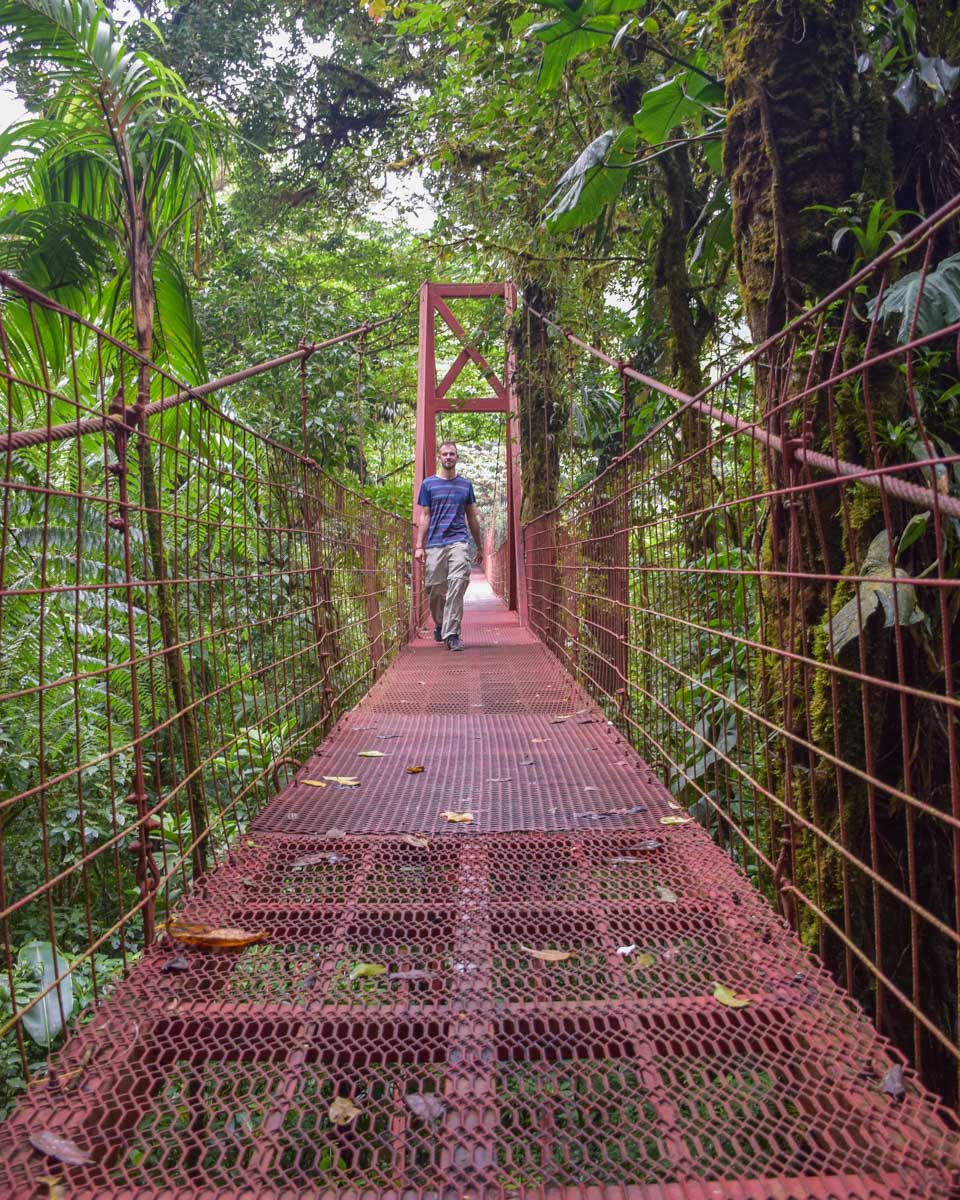 Daniel walks along a red hanging bridge in Monteverde Cloud Forest Reserve Costa Rica