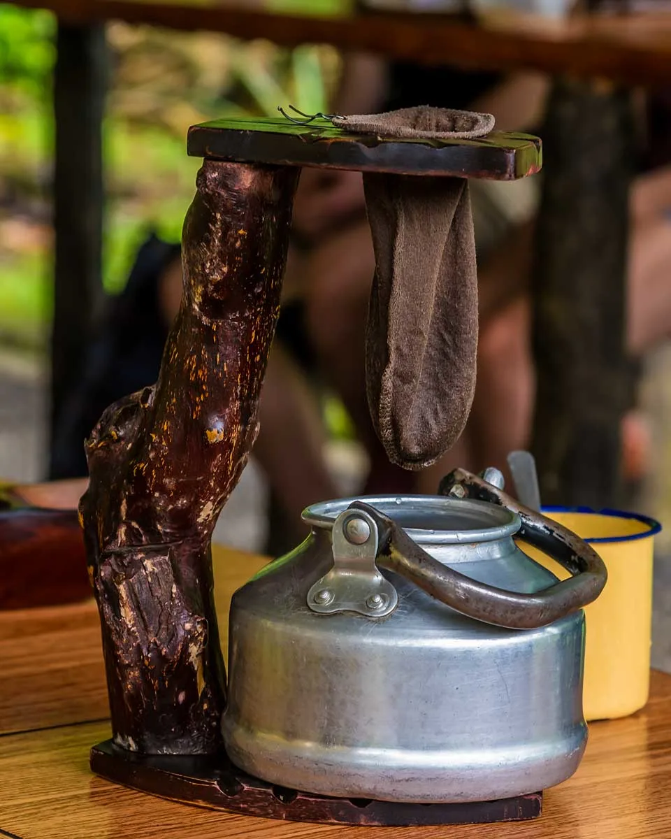 Traditional coffee brewer in La Fortuna, Costa Rica