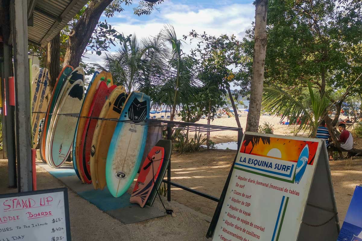 A surfboard rental shop in Tamarindo, Costa Rica