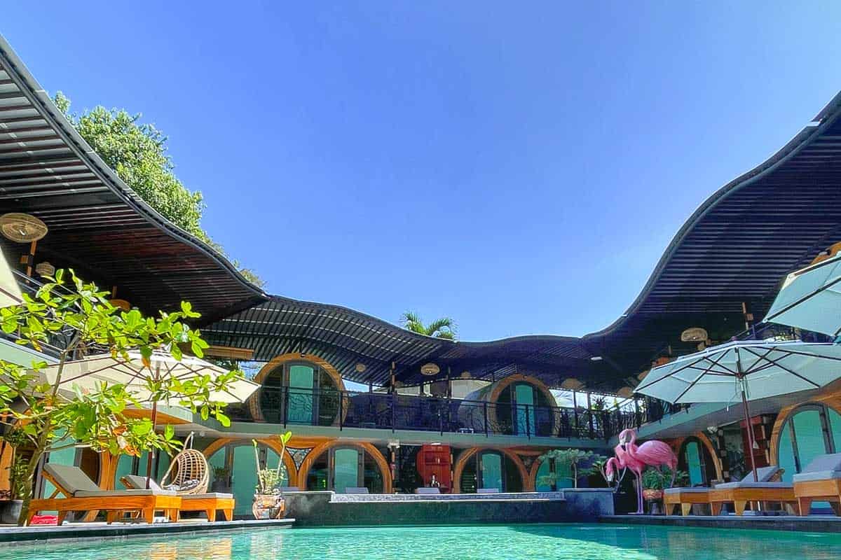 The outdoor pool area at Saranda Boutique Hotel in Puerto Viejo